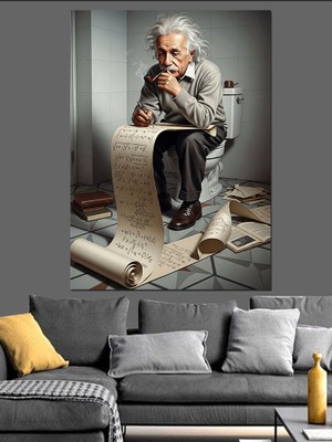 Artmeg Tuvalette Düşünen Einstein Portresi Dekoratif Kanvas - Mdf Ahşap Tablo