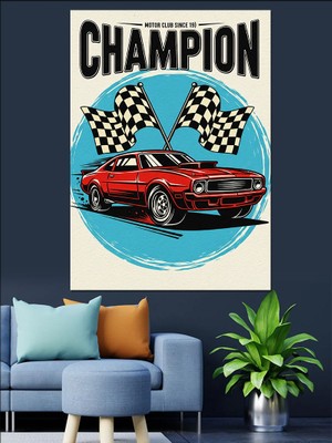 Artmeg Şampiyon Kırmızı Yarış Arabası Dekoratif Kanvas - Mdf Ahşap Tablo