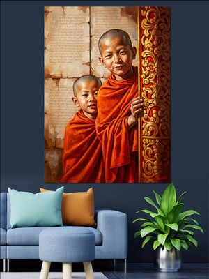 Artmeg Kırmızı Giysili Budist Keşiş Dekoratif Kanvas - Mdf Ahşap Tablo