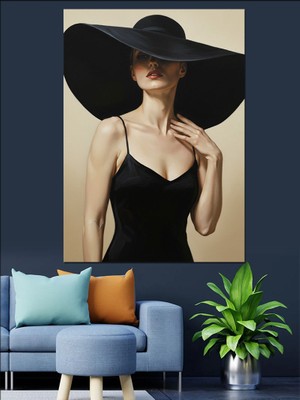 Karizma Tablo Büyük Şapkalı Zarif Kadın Dekoratif Kanvas - Mdf Ahşap Tablo