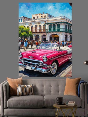 Karizma Tablo Pembe Klasik Araba ve Şehir Dekoratif Kanvas - Mdf Ahşap Tablo