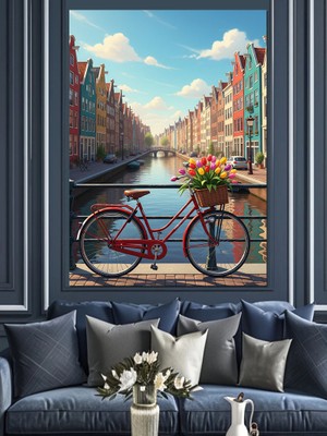 Tablomega Bisiklet Süren Kırmızı Ceketli Kadın Dekoratif Kanvas - Mdf Ahşap Tablo