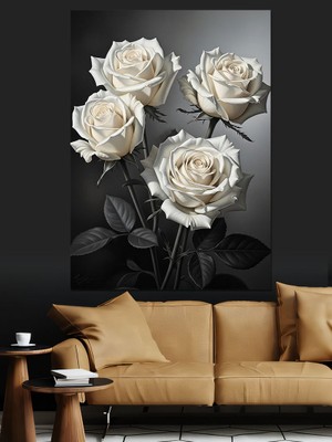 Tablomega Beyaz Gül Çiçek Buketi Dekoratif Kanvas - Mdf Ahşap Tablo