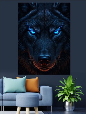 Tablomega Mavi Gözlü Siyah Kurt Dekoratif Kanvas - Mdf Ahşap Tablo