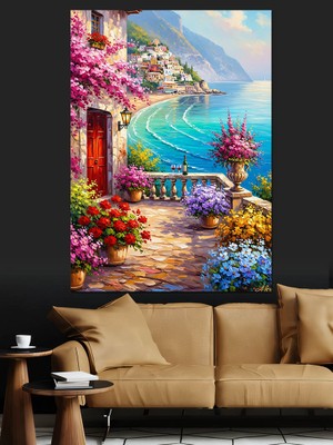 Artmeg Çiçekli Balkon Deniz Manzarası Dekoratif Kanvas - Mdf Ahşap Tablo