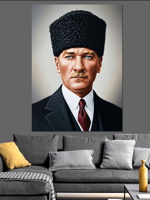 Tablomega Kalpaklı Siyah Beyaz Lider Atatürk Dekoratif Kanvas - Mdf Ahşap Tablo