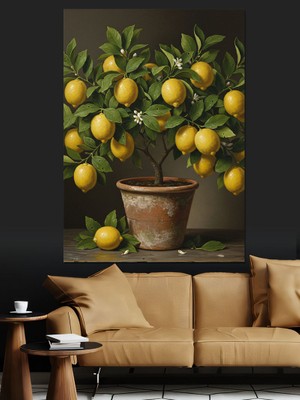 Artmeg Limon Ağacı Saksı Meyveler Dekoratif Kanvas - Mdf Ahşap Tablo