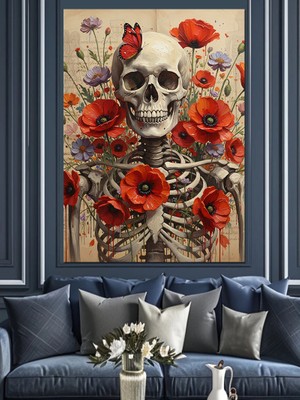 Tablomega Güllerle Kurukafa Illüstrasyon Çizim Dekoratif Kanvas - Mdf Ahşap Tablo