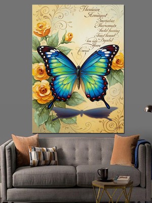 Karizma Tablo Mavi Kelebek Çiçek Detayı Dekoratif Kanvas - Mdf Ahşap Tablo
