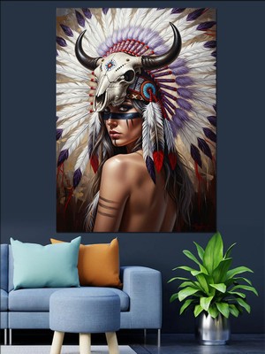 Tablomega Tüylü Savaşçı Kızılderili Dekoratif Kanvas - Mdf Ahşap Tablo