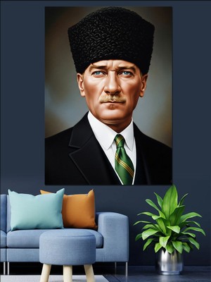 Tablomega Kalpaklı Lider Siyah Beyaz Atatürk Dekoratif Kanvas - Mdf Ahşap Tablo