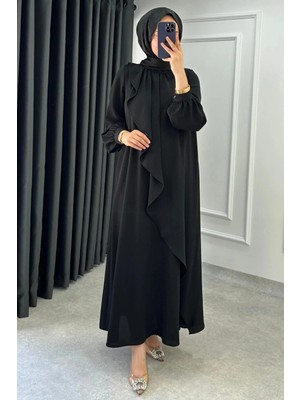 Tesettür Diyarı Mihri Krep Kumaş Volanlı Tesettür Elbise- Siyah