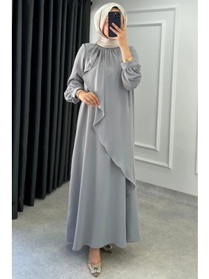 Tesettür Diyarı Mihri Krep Kumaş Volanlı Tesettür Elbise- Antrasit