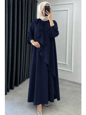 Tesettür Diyarı Mihri Krep Kumaş Volanlı Tesettür Elbise- Lacivert