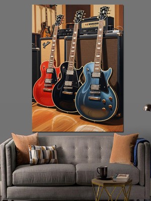 Karizma Tablo Üç Elektro Gitar Enstrüman Dekoratif Kanvas - Mdf Ahşap Tablo