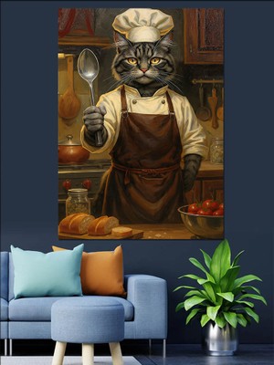 Karizma Tablo Yemek Yapan Aşçı Kedi Dekoratif Kanvas - Mdf Ahşap Tablo
