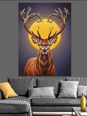 Karizma Tablo Boynuzlu Zarif Geyik Portresi Dekoratif Kanvas - Mdf Ahşap Tablo