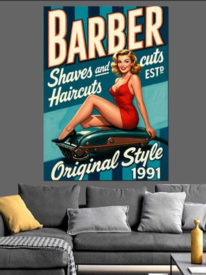 Artmeg Retro Berber Dükkanı Posteri Dekoratif Kanvas - Mdf Ahşap Tablo