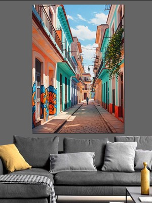 Karizma Tablo Renkli Sokak Evleri Manzarası Dekoratif Kanvas - Mdf Ahşap Tablo