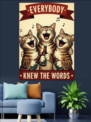 Tablomega Üç Kedi Metin Okuyan Dekoratif Kanvas - Mdf Ahşap Tablo