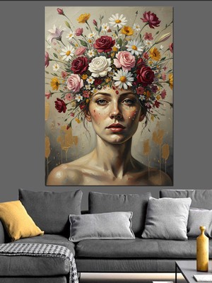 Tablomega Çiçekli Taç Takmış Güzel Kadın Dekoratif Kanvas - Mdf Ahşap Tablo