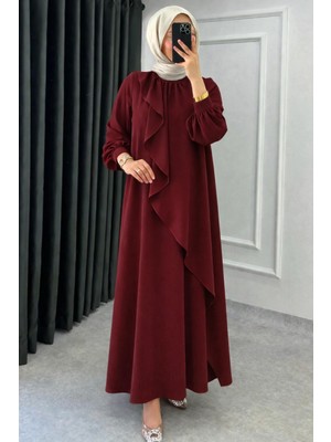 Tesettür Diyarı Mihri Krep Kumaş Volanlı Tesettür Elbise- Bordo