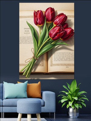Karizma Tablo Açık Kitap ve Laleler Dekoratif Kanvas - Mdf Ahşap Tablo