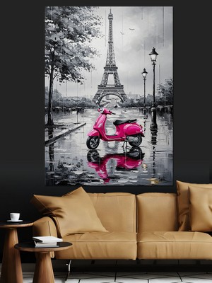 Tablomega Eyfel Kulesi Pembe Motosiklet Dekoratif Kanvas - Mdf Ahşap Tablo