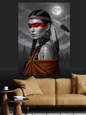 Artmeg Siyah Beyaz Kızılderili Kadın Dekoratif Kanvas - Mdf Ahşap Tablo