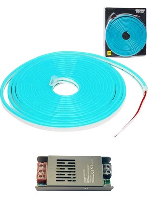 Powerr Led Aydınlatma 5 Metre 12 Volt 6X12 mm Esnek Turkuaz Neon LED  5A Slim Trafo Set