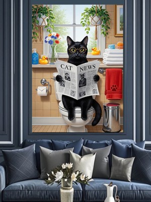 Tablomega Tuvalette Gazete Okuyan Kedi Dekoratif Kanvas - Mdf Ahşap Tablo