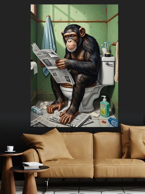Karizma Tablo Tuvalette Gazete Okuyan Maymun Dekoratif Kanvas - Mdf Ahşap Tablo
