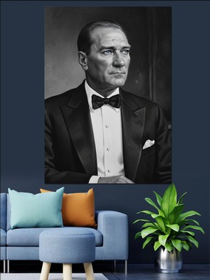 Artmeg Smokinli Atatürk Siyah Beyaz Dekoratif Kanvas - Mdf Ahşap Tablo