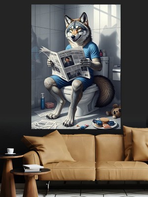 Artmeg Tuvalette Gazete Okuyan Kurt Dekoratif Kanvas - Mdf Ahşap Tablo