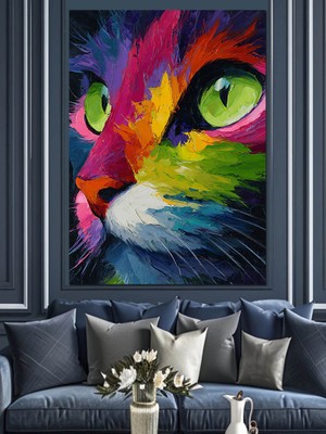 Artmeg Renkli Kedi Yüzü Portresi Dekoratif Kanvas - Mdf Ahşap Tablo