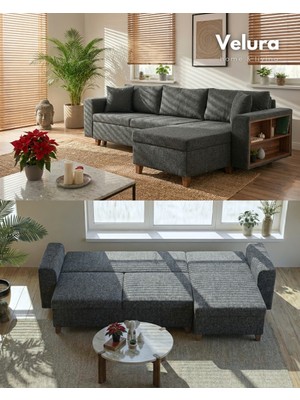 Velura Home & Living Rengar Köşe Takımı & Yataklı Bazalı Keten Kumaş Köşe Koltuk Takımı - Antrasit