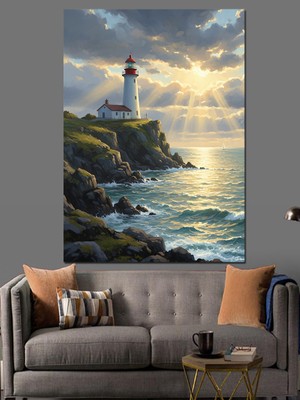 Tablomega Deniz Feneri Kaya Sahil Manzarası Dekoratif Kanvas - Mdf Ahşap Tablo