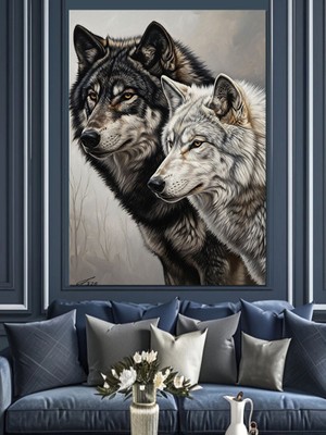 Artmeg Siyah Beyaz Kurt Çifti Dekoratif Kanvas - Mdf Ahşap Tablo