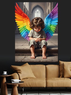 Artmeg Gökkuşağı Kanatlı Melek Figürü Dekoratif Kanvas - Mdf Ahşap Tablo