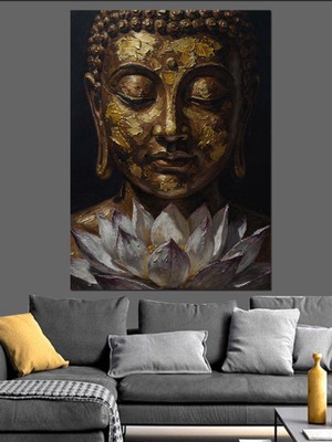 Tablomega Altın Buda Heykeli Başı Dekoratif Kanvas - Mdf Ahşap Tablo
