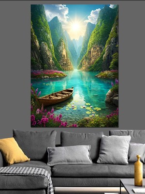 Tablomega Nehirde Kayık Yemyeşil Manzara Dekoratif Kanvas - Mdf Ahşap Tablo