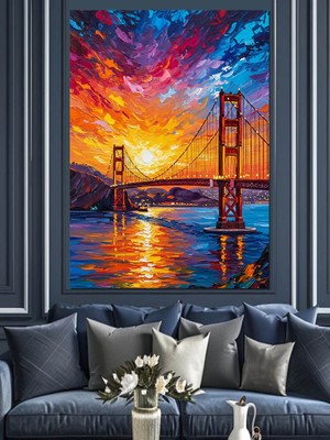 Artmeg Golden Gate Köprüsü Günbatımı Dekoratif Kanvas - Mdf Ahşap Tablo