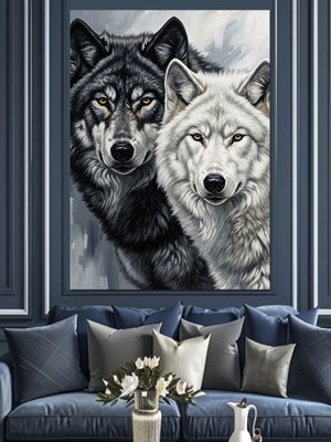 Karizma Tablo Siyah ve Beyaz Kurt Dekoratif Kanvas - Mdf Ahşap Tablo
