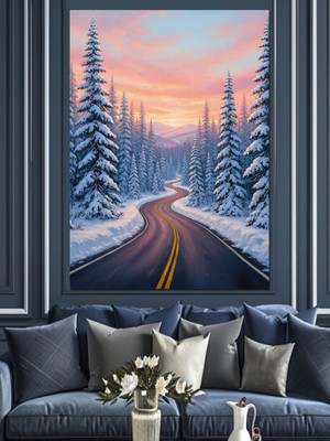 Artmeg Karlı Orman Yolu Manzarası Dekoratif Kanvas - Mdf Ahşap Tablo