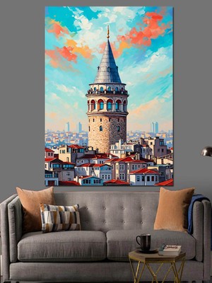 Artmeg Renkli Galata Kulesi Çizimi Dekoratif Kanvas - Mdf Ahşap Tablo