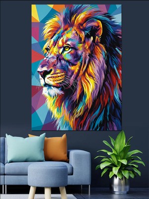 Karizma Tablo Renkli Aslan Başı Resmi Dekoratif Kanvas - Mdf Ahşap Tablo