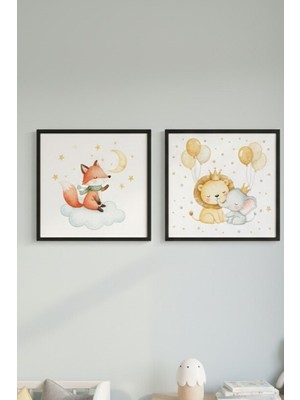Safir Design Bebek Odası Tablo 2li Turuncu ve Sarı Hayvan Figürlü Modern Çerçeveli Tablo Seti