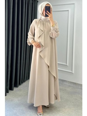Tesettür Diyarı Mihri Krep Kumaş Volanlı Tesettür Elbise- Bej
