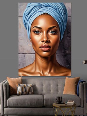 Karizma Tablo Mavi Türbanlı Siyah Kadın Dekoratif Kanvas - Mdf Ahşap Tablo