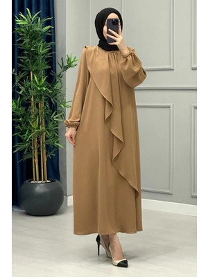 Tesettür Diyarı Mihri Krep Kumaş Volanlı Tesettür Elbise- Bisküvi